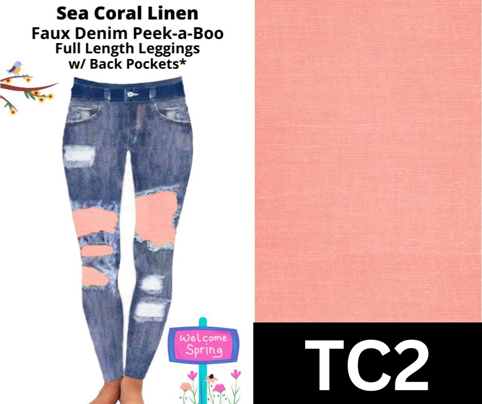 Sea Coral Linen Faux Denim Full Length Peekaboo Leggings