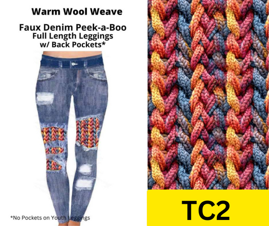 Warm Wool Weave Faux Denim Full Length Peekaboo Leggings